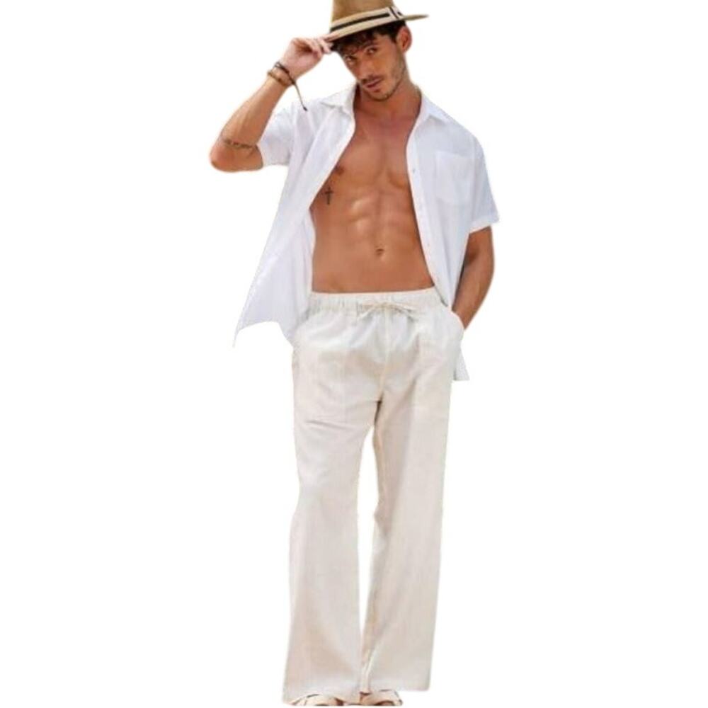 COOFANDY Men L Linen Pant Lightweight Elastic Waist with Pockets Light Khaki NWT